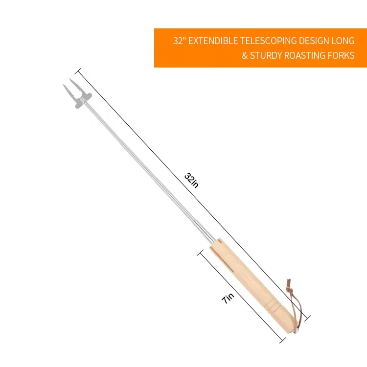 Wooden Handle Campfire Multi-use Telescoping and Fully Retractable Fork Telescopic Roasting BBQ Forks for Grill
