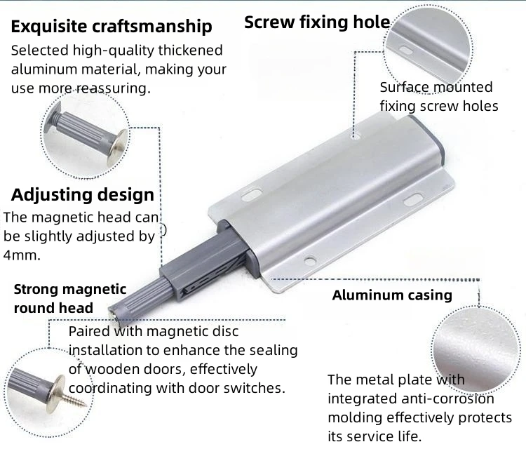 Gold Touch Rebound device with Magnetic Push to Open System Aluminum Alloy Silver Cabinet Door Closer Handle free Door Damper