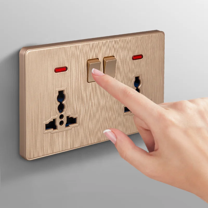 Household 86*146mm multi-purpose wall socket and switch PC golden brushed neon light 45A 110V 250V switch