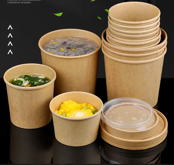 Миска для салата из крафтовой бумаги с крышкой, Одноразовая чашка для супа, контейнер для фаст-фуда