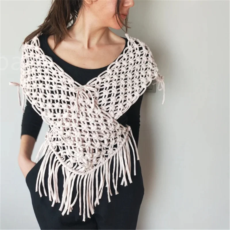 Custom Boho Style macrame Vest handmade clothes cotton crochet shawl scarf with tassels