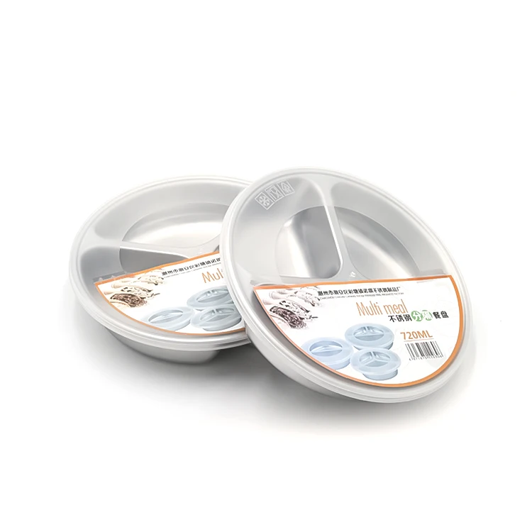 Stainless Steel 3 Grid Round Multi Compartment Divided Fast Food Dinner Plates For Restaurant And School