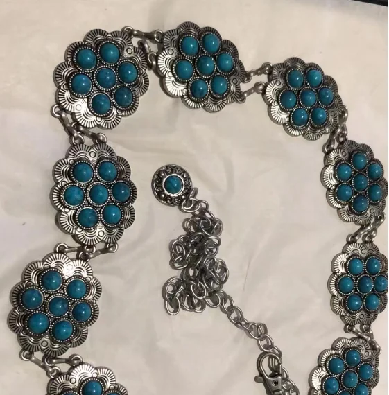 Wholesale   Women fashion belts oldnickle metal chain turquoise Blue Flower