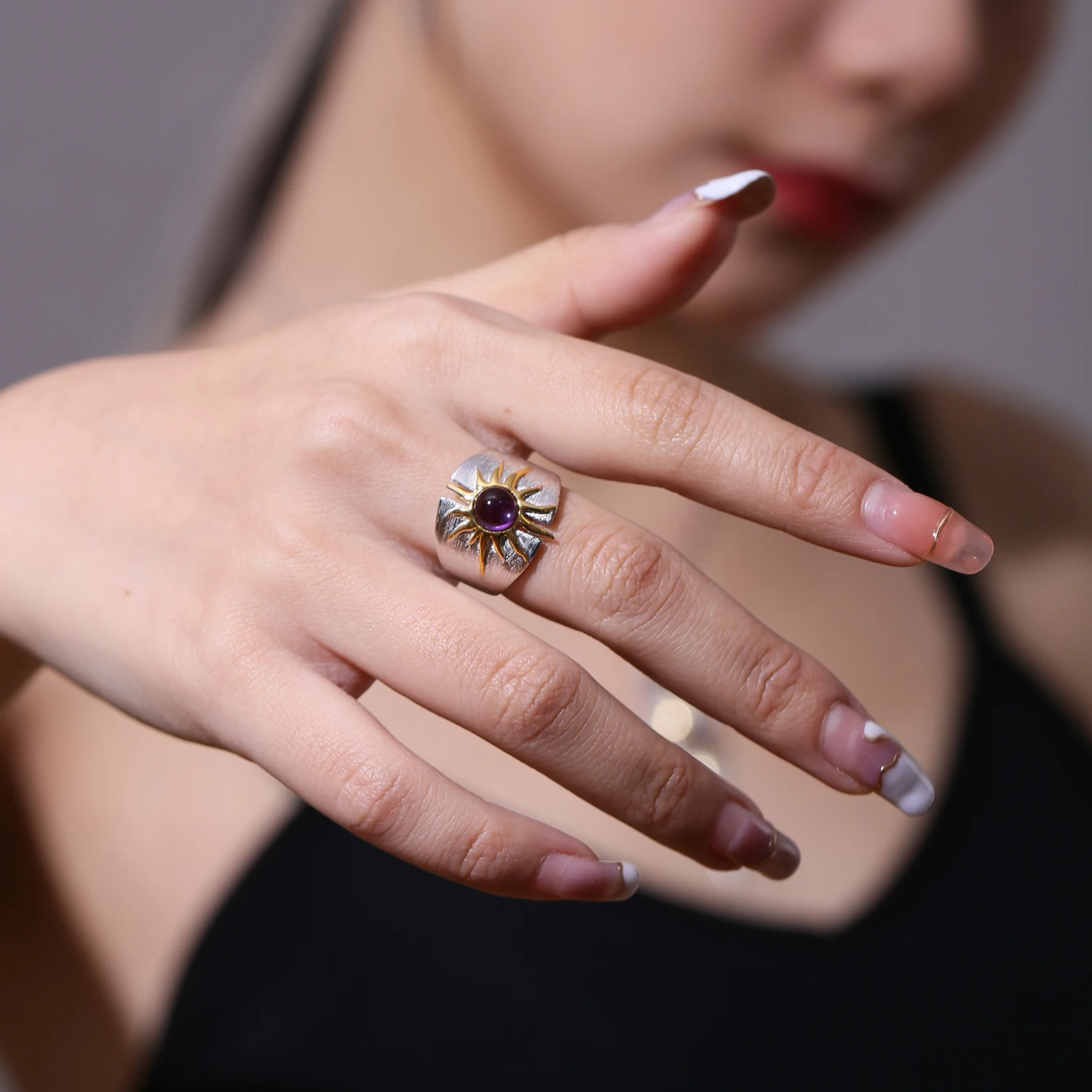 C7786 Abiding Jewelry Factory Direct Sale Round Cabochon 6mm Natural Amethyst Western Myths Silver Woman Ring 925 Women Rings