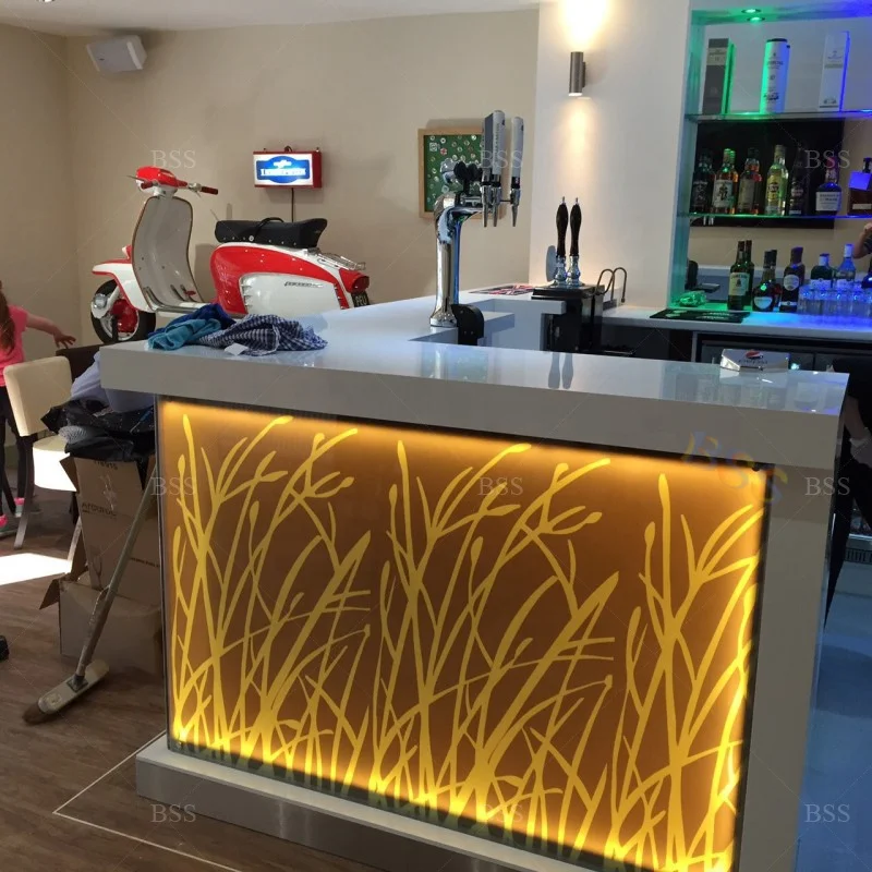 Prefab Unique Artificial Marble L Shape LED Luxury Best Small Coffee Home Wine Bar
