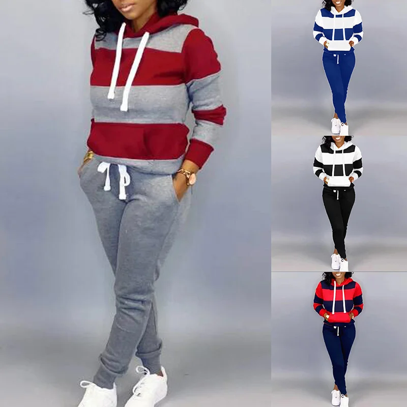  2021 wholesale 95 cotton pullover hoodie and jogger suit stripe set for