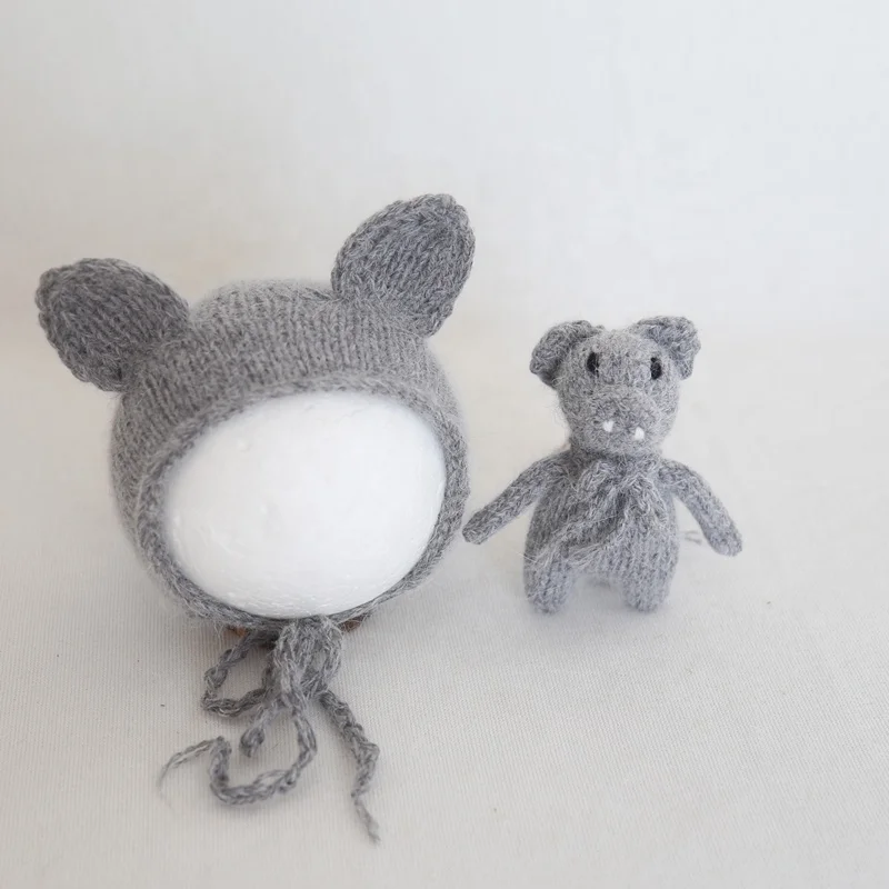 Angora Newborn photography Props Set Handknitted Teddy Bear Bonnet Stuffer Animal Toy Baby Fluffy Set Photo Props
