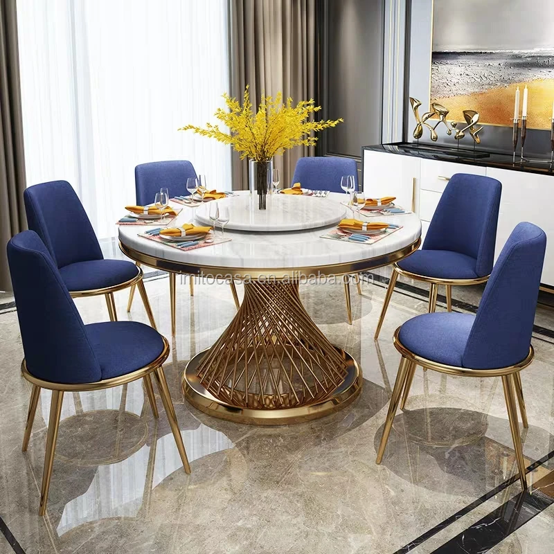 
Italy New Design White Marble Dining Table With Lazy Susan European Modern Dining Room Furniture Golden Base Round Dining Table 