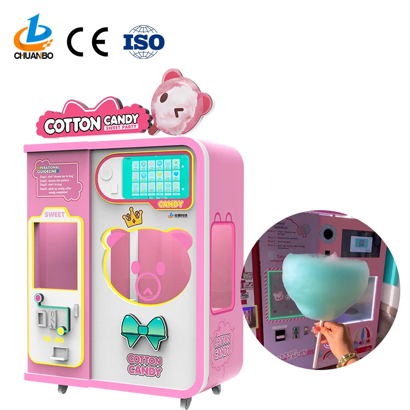 Full Automatic Coin Operated Cotton Candy Sugar Making Vending Machine With Super Touch Advitisement Screen