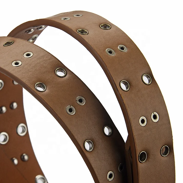 Factory OEM Double Grommet PU Leather Punk Rock Jeans Metal Men Belt Brown Fashion Belts for Ladies Leather Belt Women