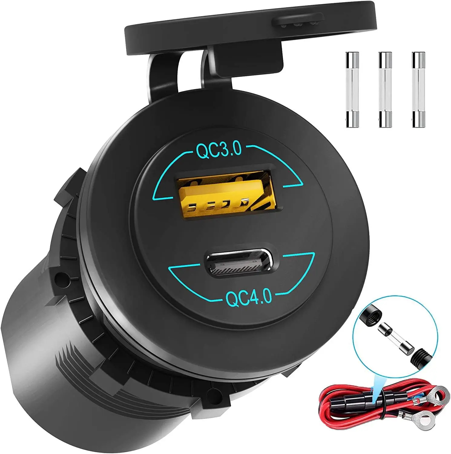 12V USB C Outlet 65W PD3.0 Port and 18W Quick Charge 3.0 Car USB Charger Socket for Laptops Tablets Phones, Waterproof 12V/24V S
