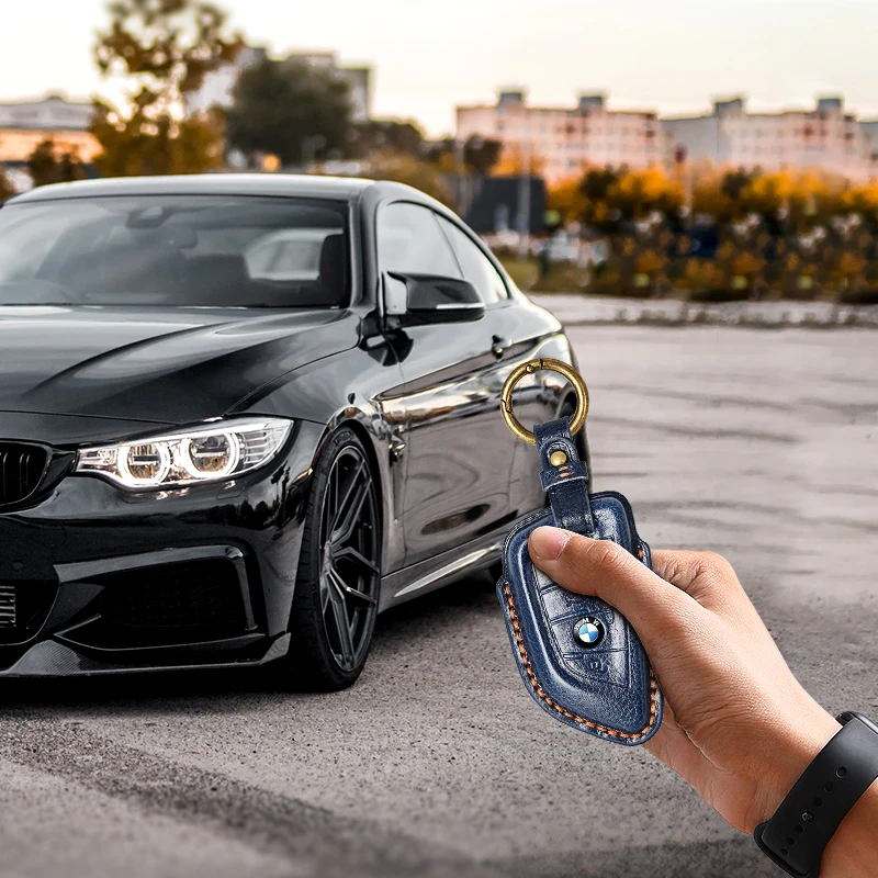 Car Key Case Genuine Leather Protector with Keychain Smart Remote key Fob Cover Case Key Holder for BMW