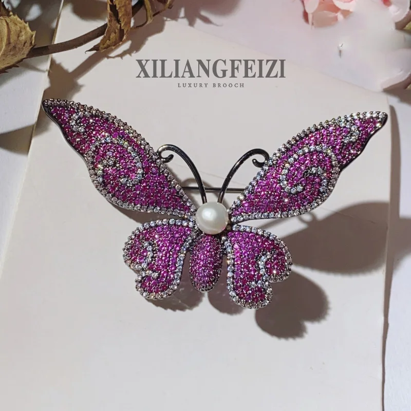 XILIANGFEIZI Euro-American Vintage Copper Zircon Butterfly Brooch Natural Freshwater Pearl Corsage Pin
