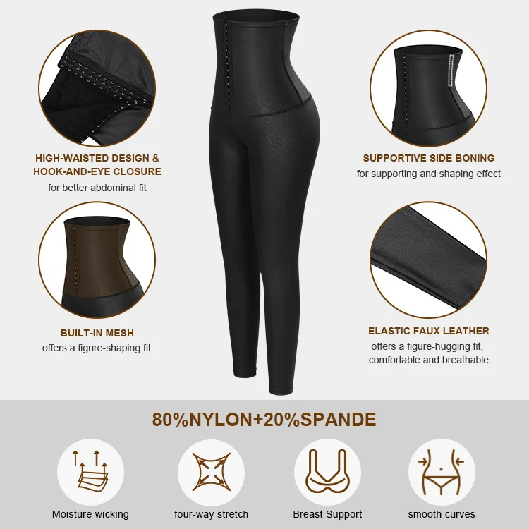 HOT SALE New Design winter black tummy control High Waist shaper leather leggings women and leather long sleeve bodysuit shaper