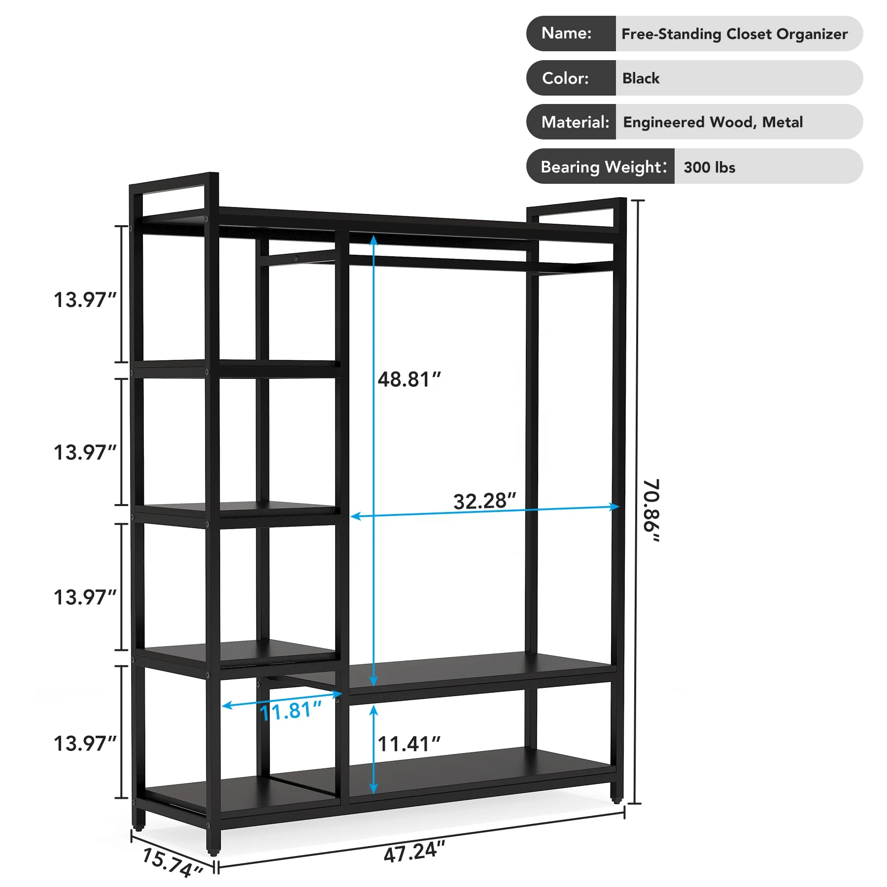 Tribesigns Wooden Black Wardrobe Metal Frame Garment Clothing Rack with Shelves and Hanging Rod for Home