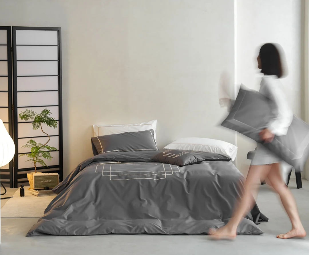 SANHOO Hotel Bedsheet Modern Grey Percale Queen King Hotel Linen Bedding Set 100% Cotton