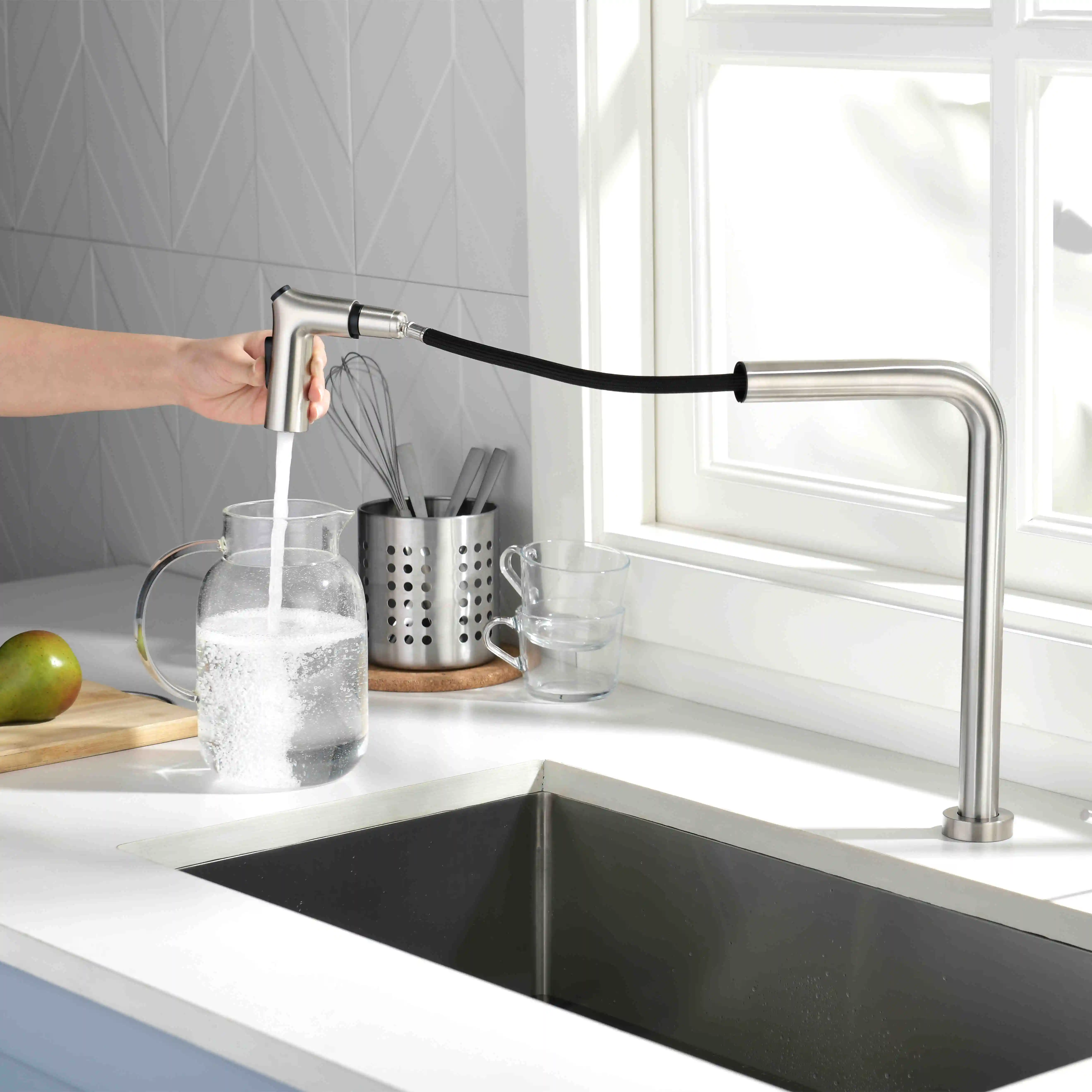 Hot Sale Stainless Steel 2 Holes Sink Long Neck Taps Commercial Nickel 360 Degree Swivel Spout Pull Out Kitchen Sink Faucet