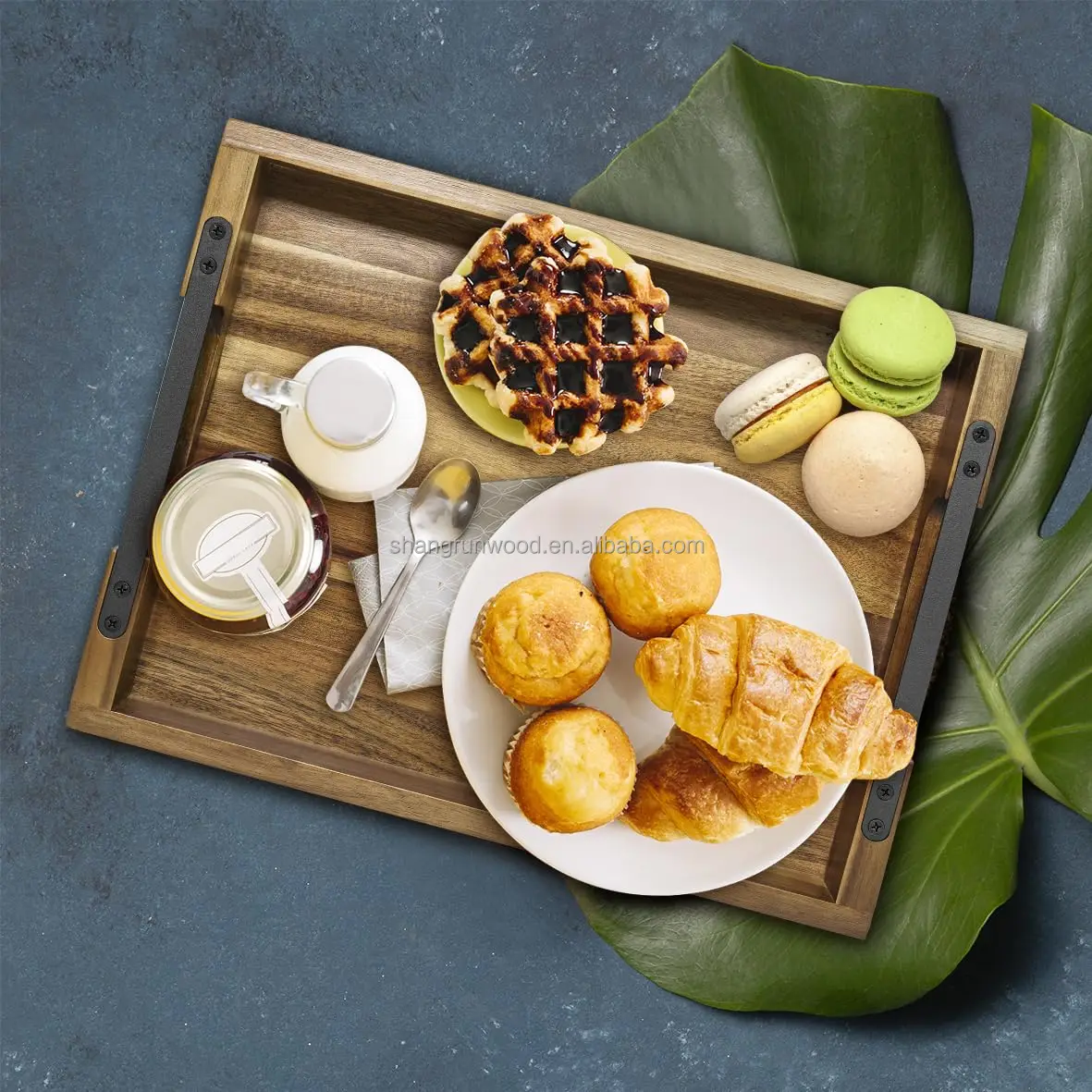 Wood Serving Tray With Black Metal Handles, Household Products Rectangular Wood Tray For Ottoman, Food, Breakfast, Eating Tray