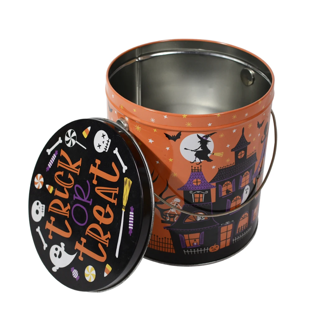 Custom CMYK Printed Gift Popcorn bucket Food Grade Tin Bucket Empty Round Metal Containers Popcorn Tins with Lid