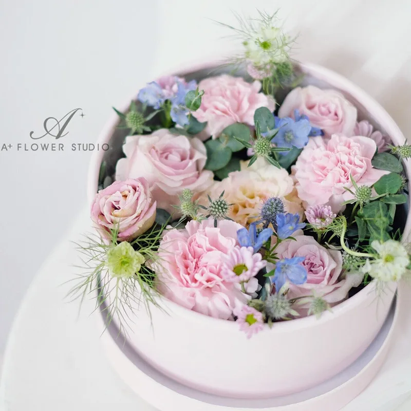 New design high quality fashion round flower gift box korean plain color flower box round luxury