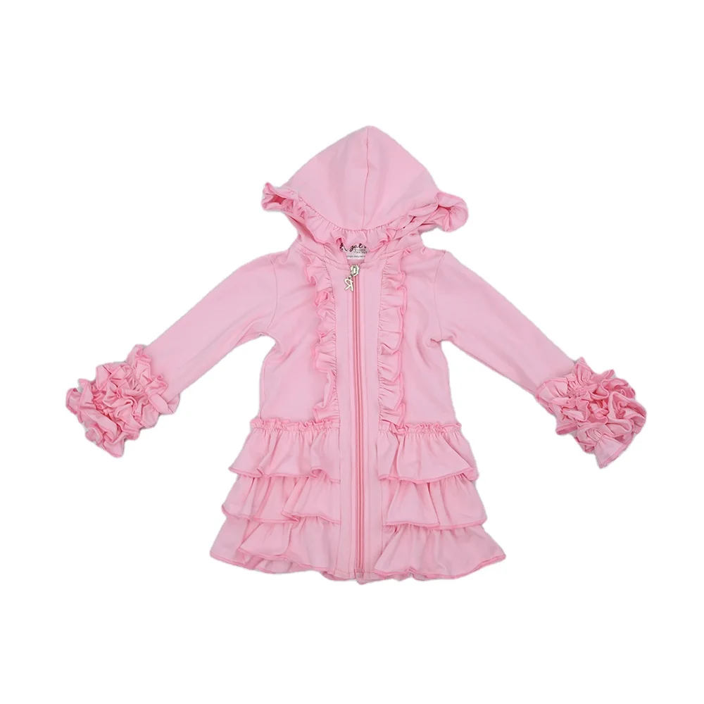 Qingli OEM  Hot selling children solid color jacket fashion kids girls boutique ruffle custom hoodie printing kids coats