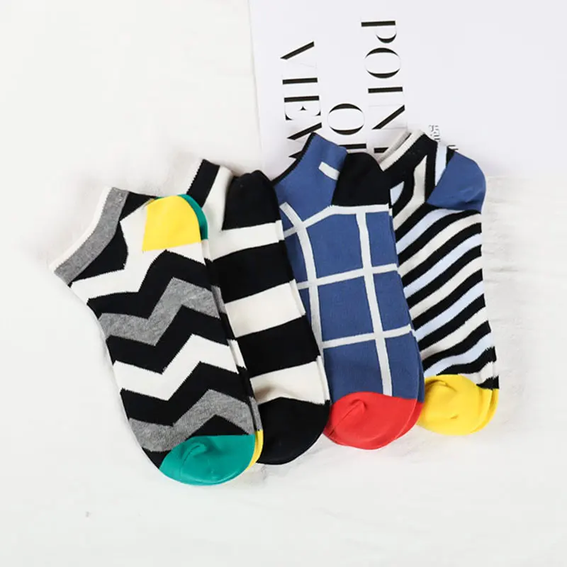 Wholesale Custom Colorful Student Grid Strip Pattern Cheap Cotton Ankle Men Socks