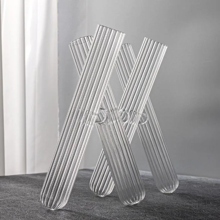 Hot Sale Special Design Four Tubes Ribbed Glass Small Single Flower Vase for Living Room Tabletop Vase Centerpieces
