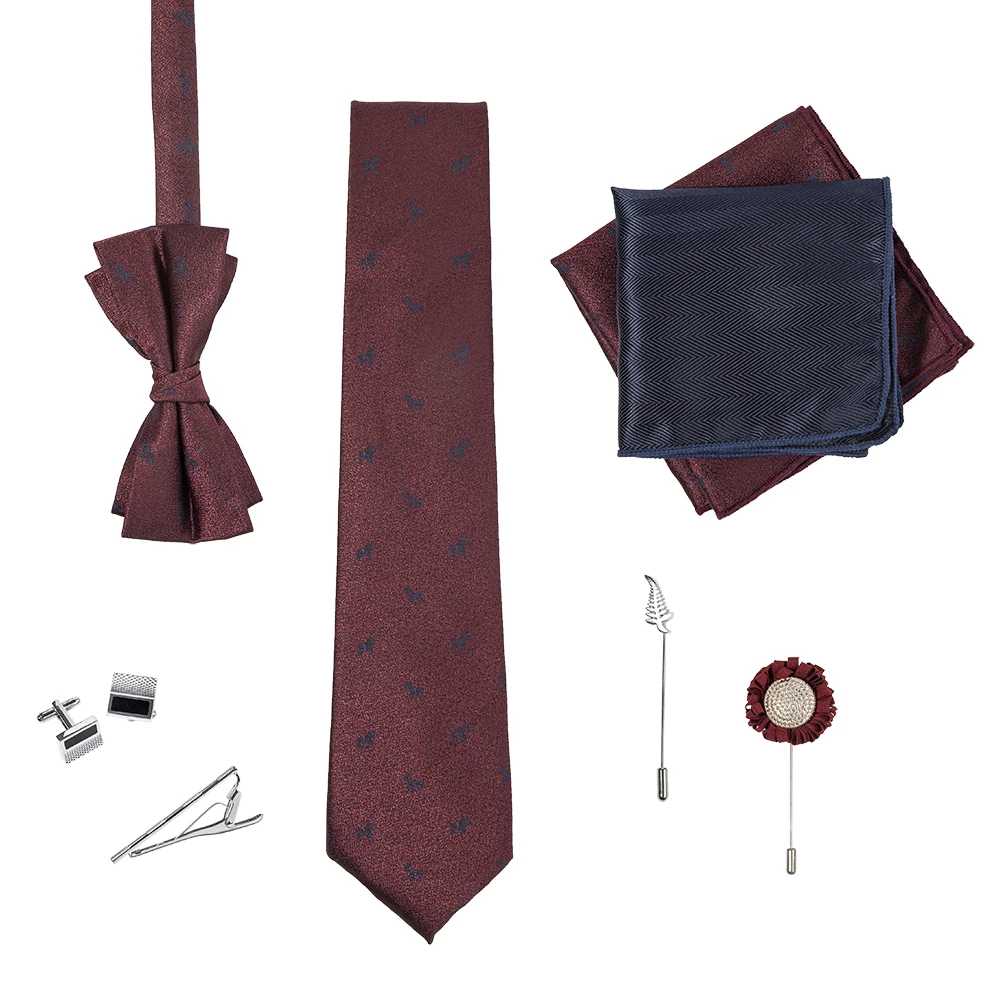 8pcs Set Wine Base Navy Dog Pattern Polyester Neckties with Bowtie Pocket Square Flower Lapel Includes Metal Pin Tie Bar