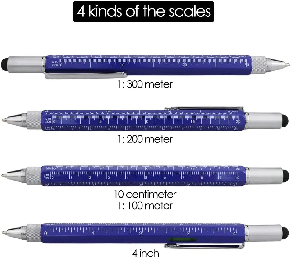 Custom Metal Multi tool Pen 6-in-1 Stylus Pen With Screwdriver, Flathead Bit Slotted, Stylus pen, Bubble Level and Ruler