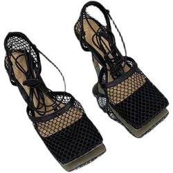 Designer  hight heel for lady square toe lace up heels black mesh sandals rope low heel slipper for women summer