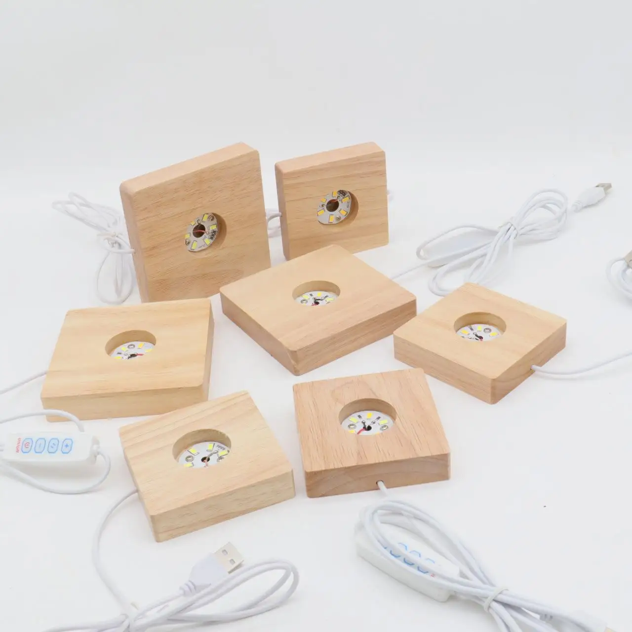 USB Handmade Wood Rectangle Round Oval Shape LED Display Base Resin Art Ornament Wooden Night Lighted Base Stand Crafts