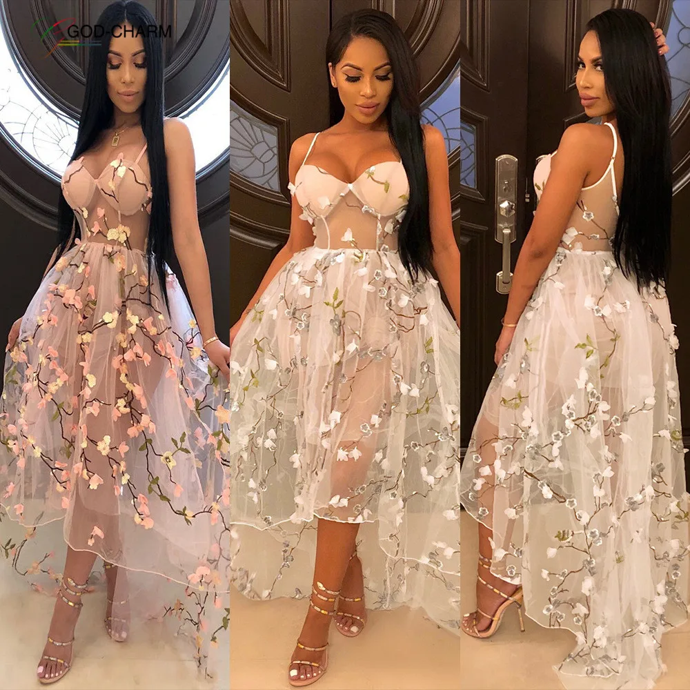 YH-86970281  wholesale European and American Sexy Flower Embroidered Mesh 2-Layer Lining Dress new fashion