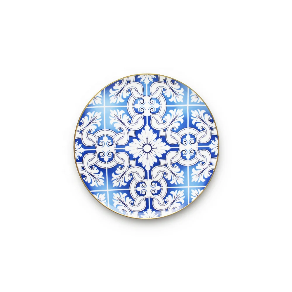 Wholesale gold rim bone china charger plates blue and white wedding design dinnerware sets