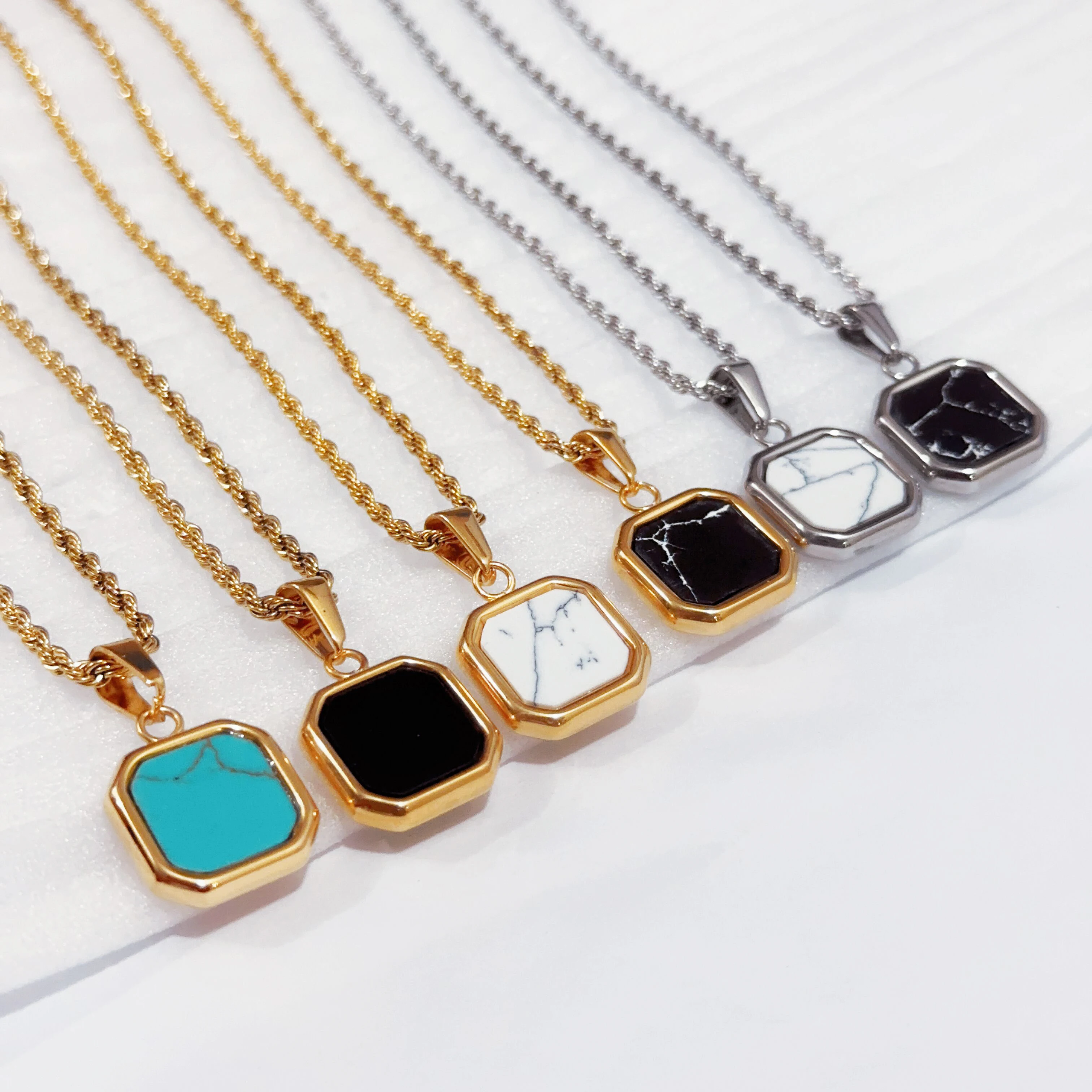 Vintage Square Shape Howlite Stone Pendant Necklace Gold Rope Chain Black Onyx Stone White Turquoise Jewelry Necklace For Men