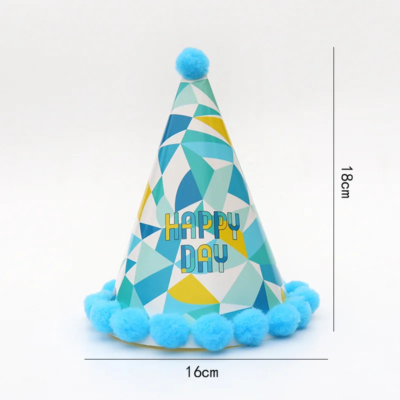 New Product Birthday Party Supplies Kids Birthday Paper Cone Hat With Pom Poms Birthday party hat party cone hat