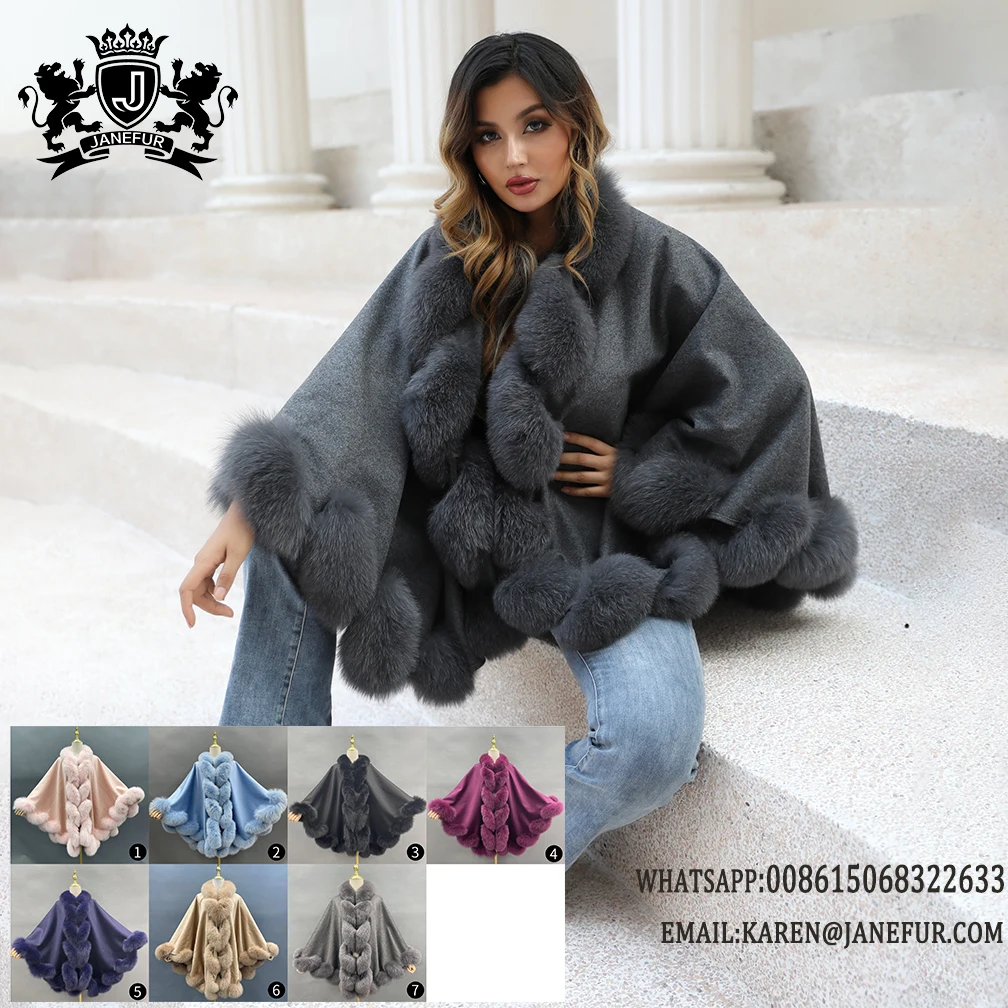Fashion Luxury Winter Warm Wool Poncho Wedding Real Fox Fur Women Cashmere Grey Fur Shawl