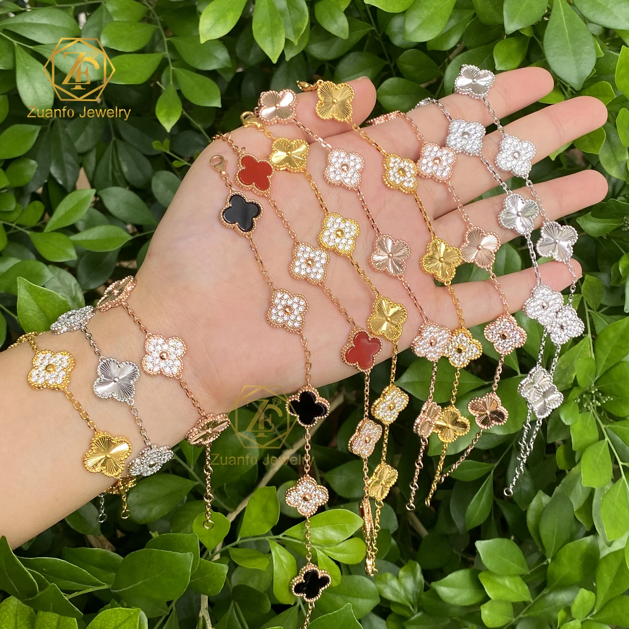 Manufacturer D VVS1 Moissanite S925 Silver Jewelry Set Onyx Link Chain Bracelet Femme Four Leaf Clover Bracelets Women Man