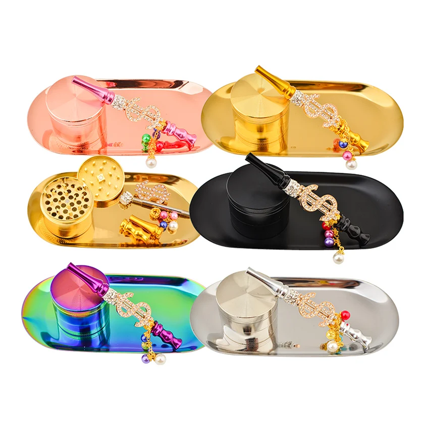 
custom logo metal herb grinder rainbow weed serving tray Smoking Set Weeds Accessories Kits Straw Smoking Pipe 