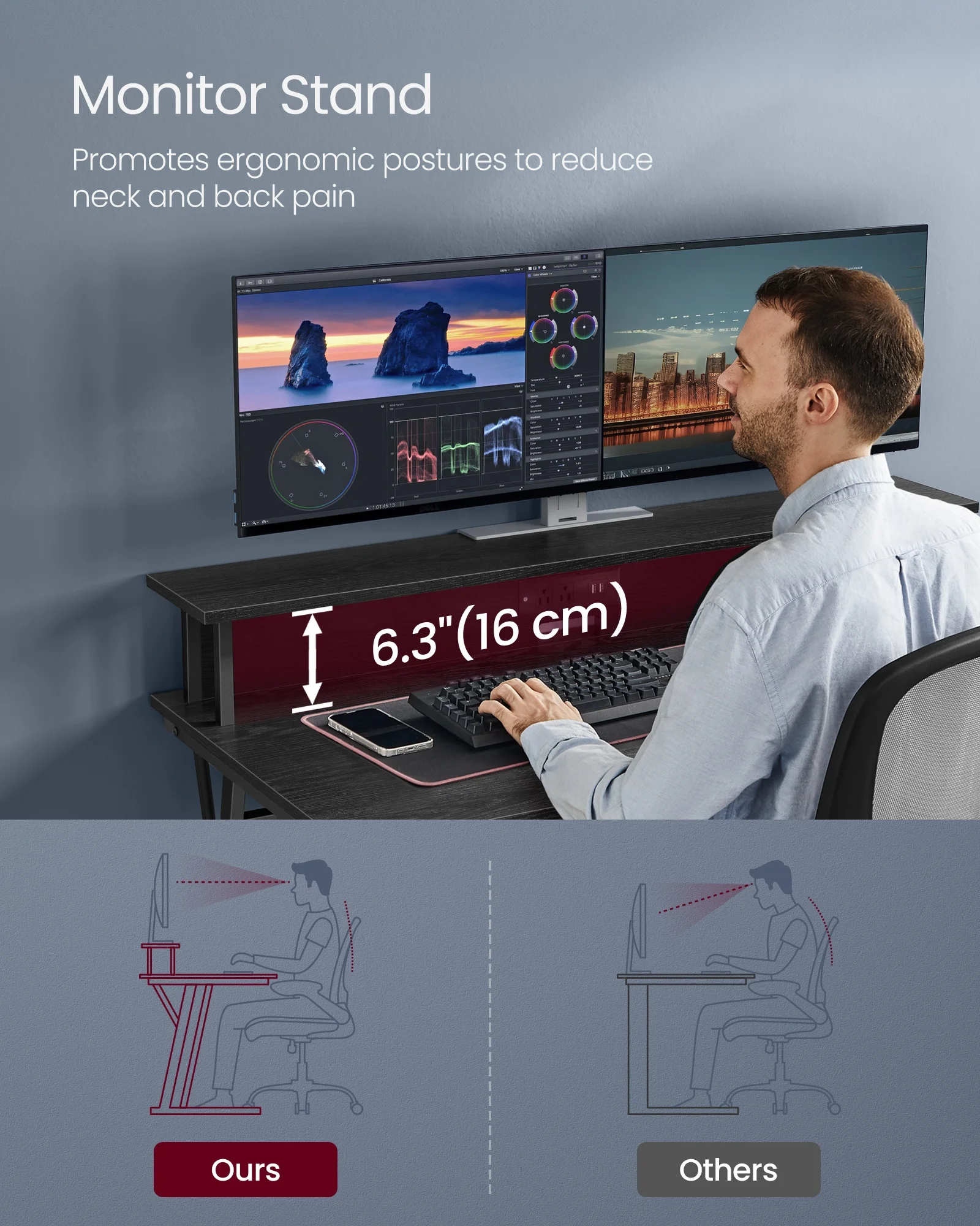 VASAGLE LED Desk with Monitor Shelf Gaming Desk with LED Lights and Built-in Power Outlets Computer Desk for 2 Monitors