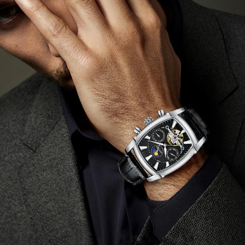 Fashion Gift Automatic Expensive Watches Genuine Leather strap Wristwatches For Men