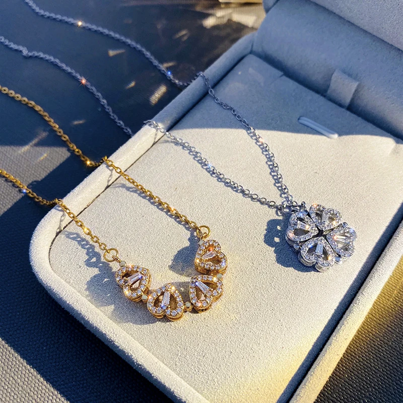 Fashion Silver 18K Gold Plated Stainless Steel 3A Zircon Women Lucky Magnetic Heart Four Leaf Clover Necklace Jewelry