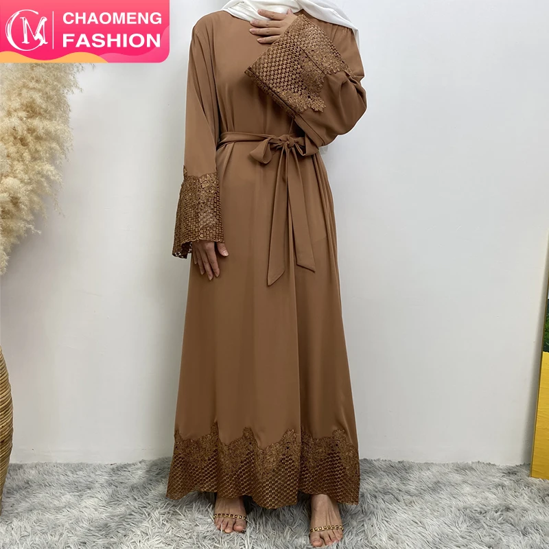 6708# New fashion applique eid closed abaya muslim women long sleeve nida fabric maxi dresses with side pockets