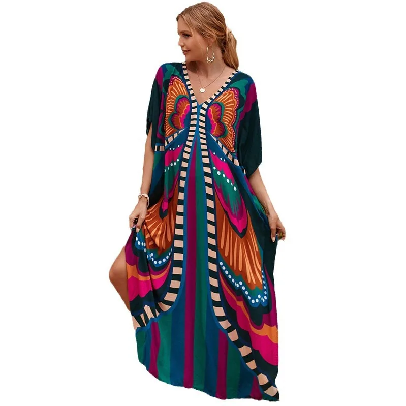 Wholesale Sportswear European American Rayon Printed Beach Blouse Robe-Style Holiday Sunscreen Bikini Cross-Border Swimming