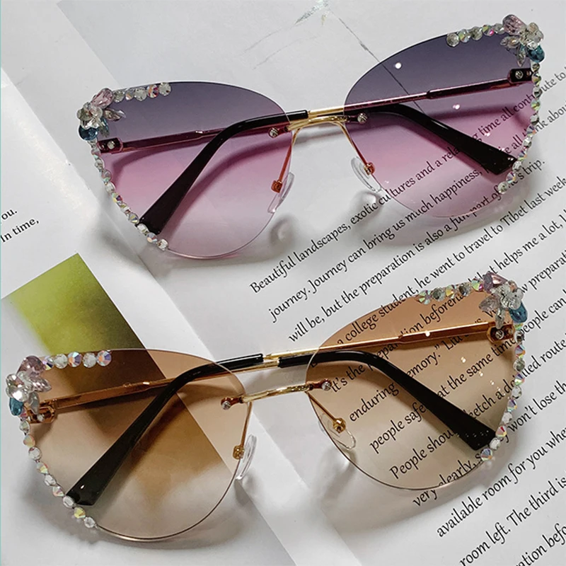 Eyewear Newest Fashion Women Diamond Cat Eye Sunglasses Luxury Brand Designer Blingbling Rhinestone Rimless Sun Glasses