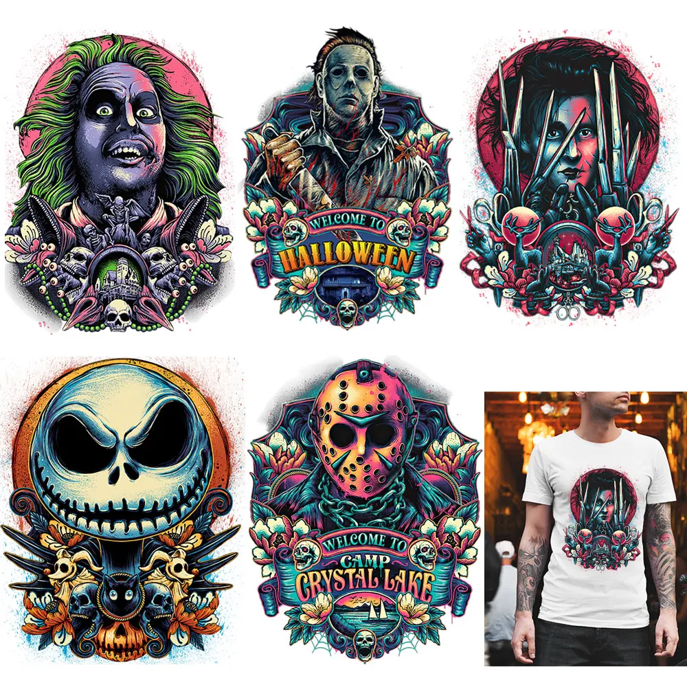 Halloween Horror Killer Heat Transfer Patches DIY Fashion Styles Iron on Patches For Clothing T-shirt Heat Press Sticker