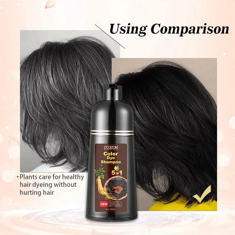 OEM Customize Wholesale 500ml  Natural Herbal Ginseng 5 in 1 Ginseng Hair Color Shampoo Permanent Hair Dye