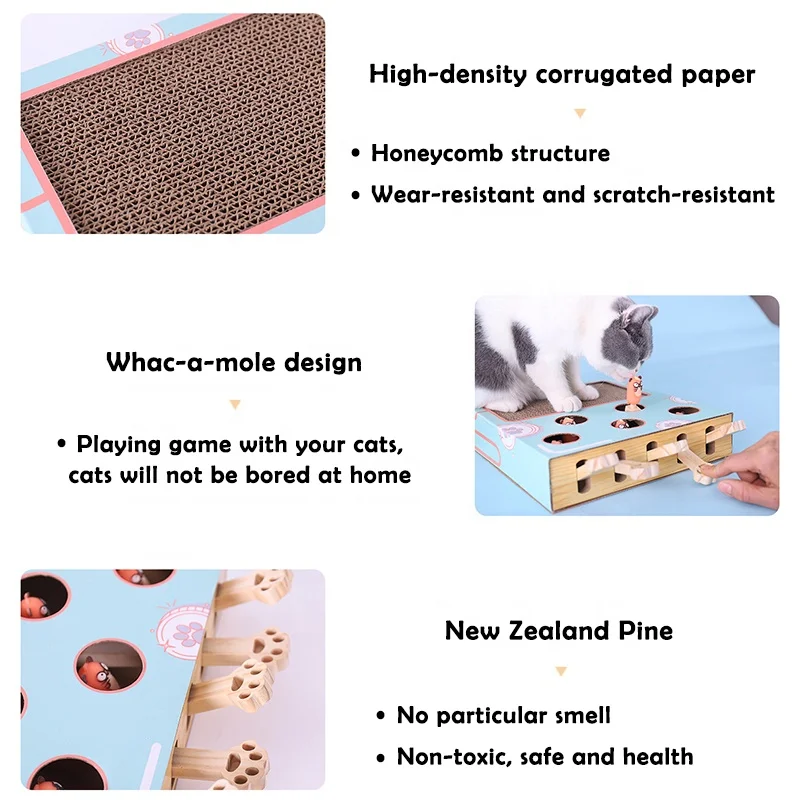 Ecofriendly Cardboard Cat Scratcher Mat 3 In 1 Bell Ball Whac-a-mole Game Interactive Cat Toys Scratcher