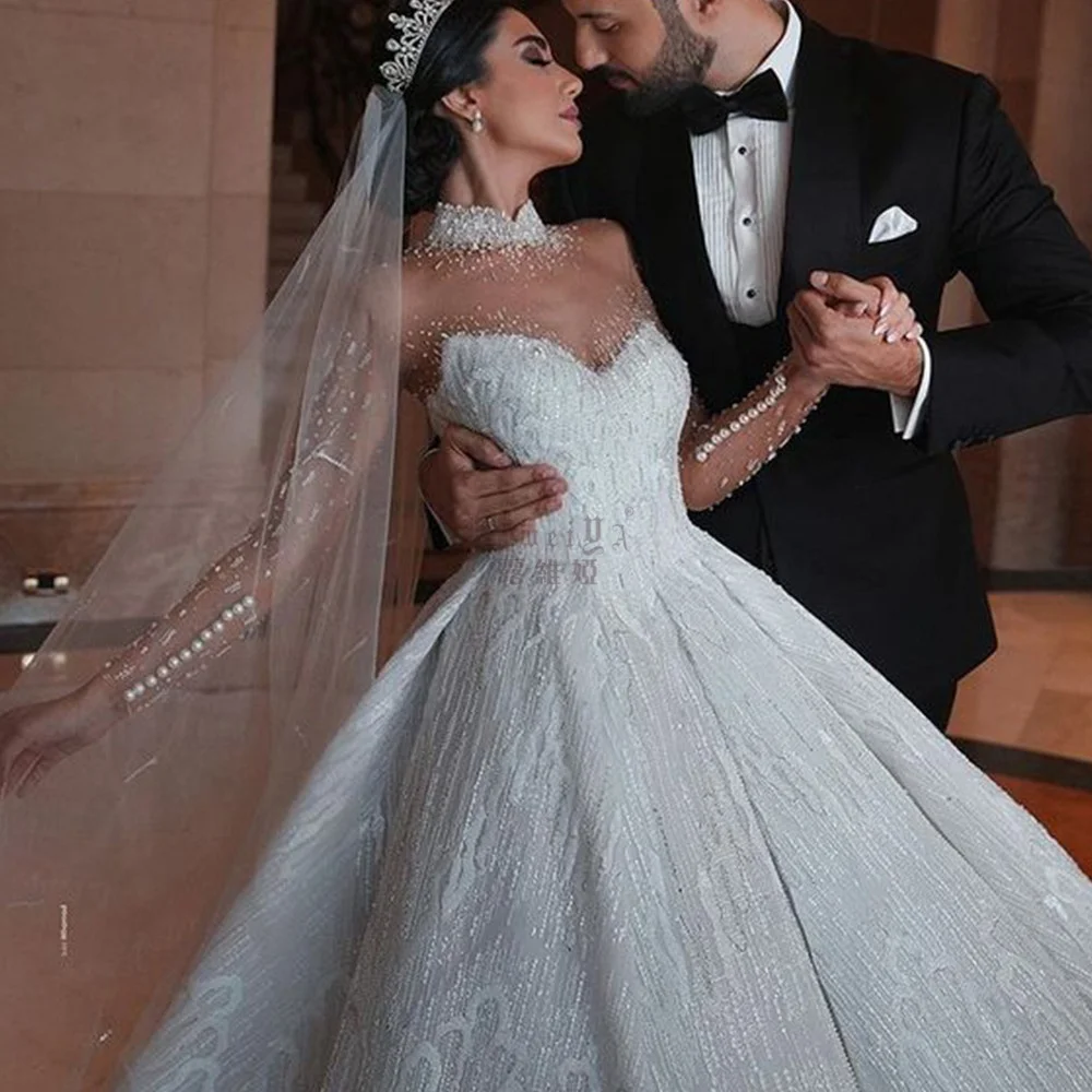 Oceanlux  Dresses Turkey Istanbul China Manufacturer Long Tail Ball Gown Wedding Dress Long Sleeves  Women Dresses