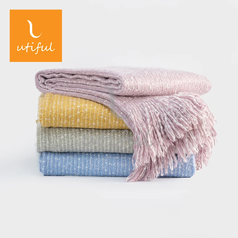 Warm stripe dots melange woven acrylic mohair throw blanket with tassels