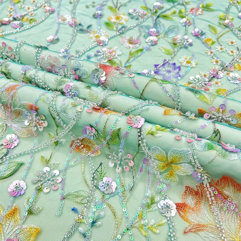 AFFINITY Mesh Nigerian Polyester Sparkly Colorful Sequins Embroidery 3D Fabric Tulle Lace Fabric For Evening Dresses